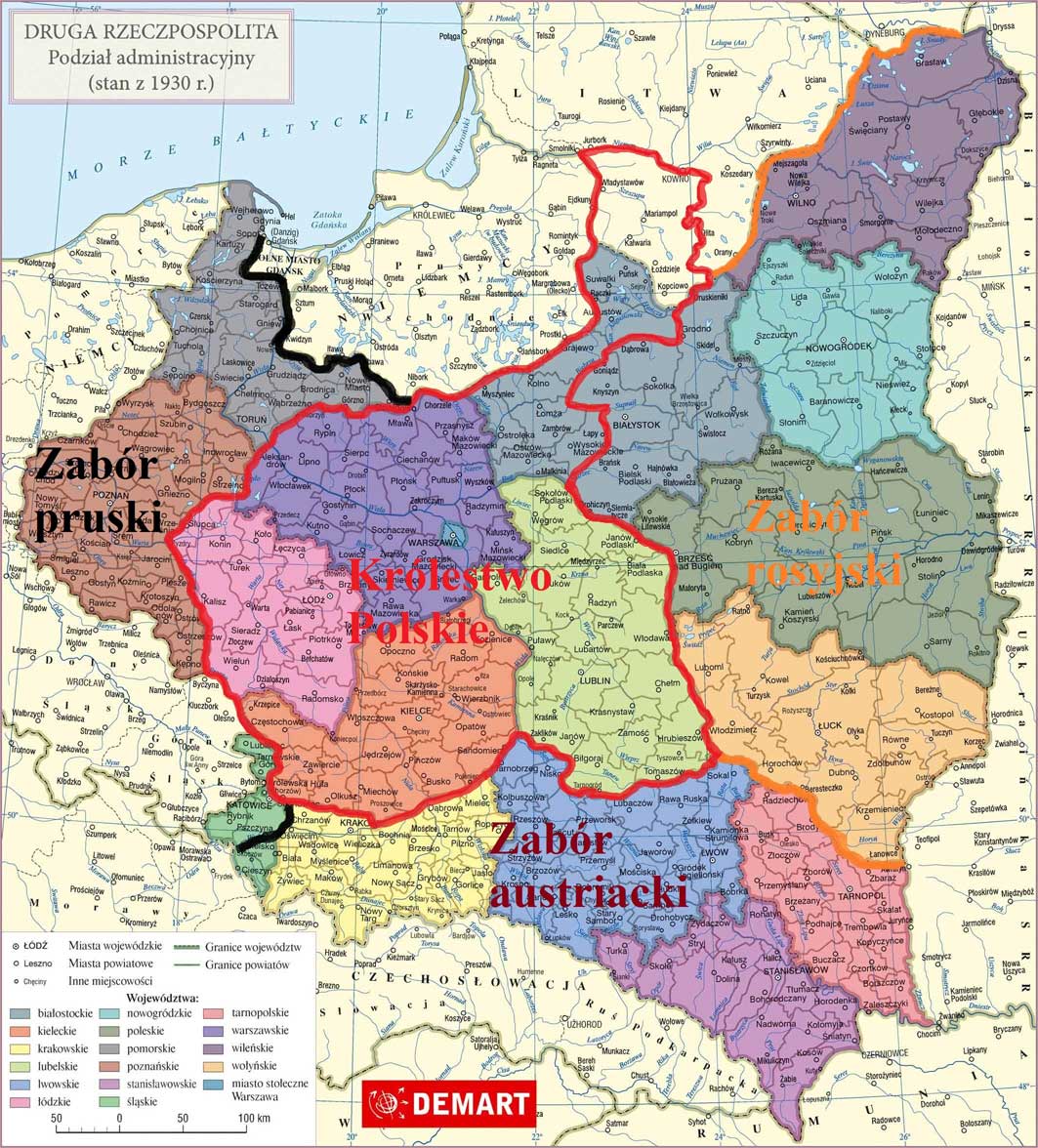 mapa Polski w okrtesie miedzywojennym